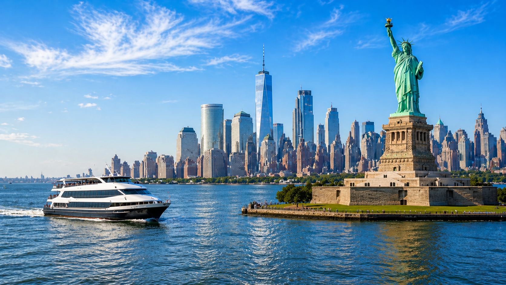 NYC harbor with cruise boat and Statue of Liberty